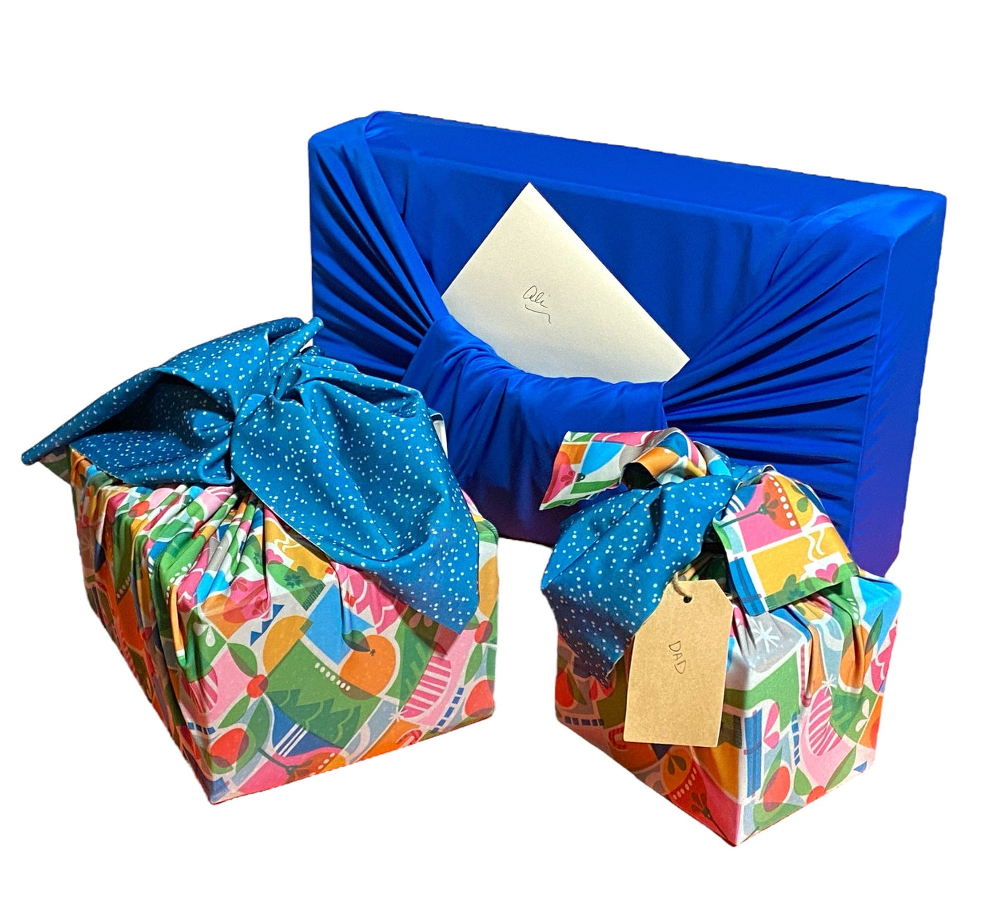 Set of 3 (S, L, XL) Reusable Cloth Furoshiki Gift Wrap | Holiday Shapes & Deep Blue